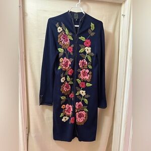 Due Per Due Embroidered Longline Cardigan Floral Velvet Trim M Embroidered